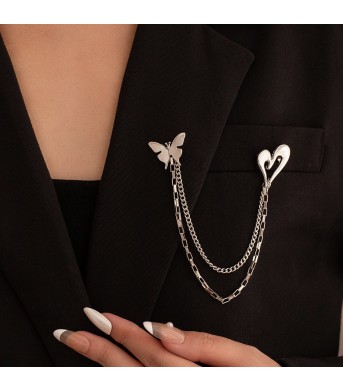 Hollow Heart & Butterfly Tassel Brooch, Minimalist Versatile Lapel Pin, Anti-Exposure Accessory For Suits & Dresses, Elegant Fashion Jewelry