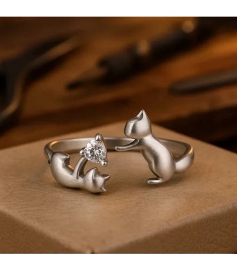 Double Cat Playing With Ring Necklace Woman
