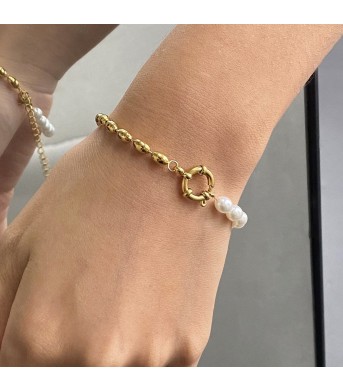 Retro Minimalist Versatile Oval Gold-bead Pearl Bracelet