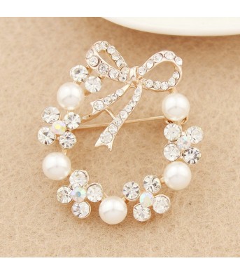 Pearl Rhinestone Bow Accessory Pin Brooch For Women
