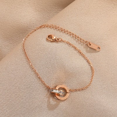 Titanium Steel Unfading Rose Gold Double Ring Bracelet With Roman Numerals
